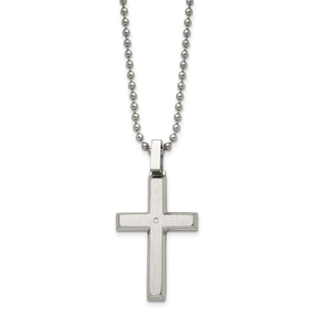 Chisel Stainless Steel Brushed and Polished .01 carat Diamond Cross Pendant on a 22 inch Ball Chain Necklace - Birthstone Company
