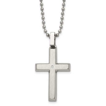 Chisel Stainless Steel Brushed and Polished .01 carat Diamond Cross Pendant on a 22 inch Ball Chain Necklace - Birthstone Company