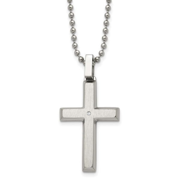 Chisel Stainless Steel Brushed and Polished .01 carat Diamond Cross Pendant on a 22 inch Ball Chain Necklace - Birthstone Company