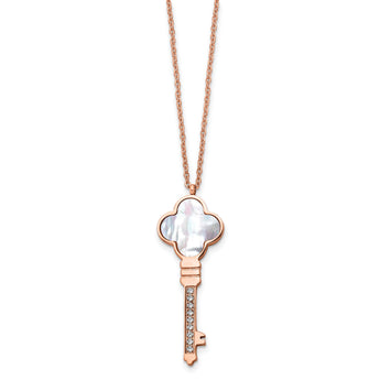 Chisel Stainless Steel Polished Rose IP-plated CZ and Mother of Pearl Key Pendant on a 16 inch Cable Chain with a 2 inch Extension Necklace - Birthstone Company