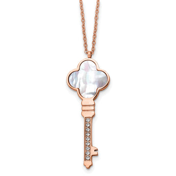 Chisel Stainless Steel Polished Rose IP-plated CZ and Mother of Pearl Key Pendant on a 16 inch Cable Chain with a 2 inch Extension Necklace - Birthstone Company