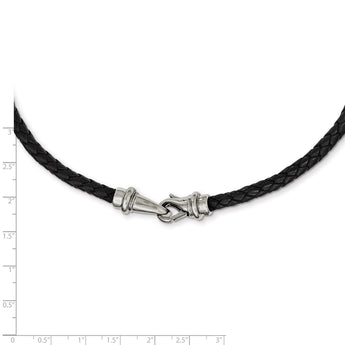 Stainless Steel Polished Woven Black Leather Necklace - Birthstone Company