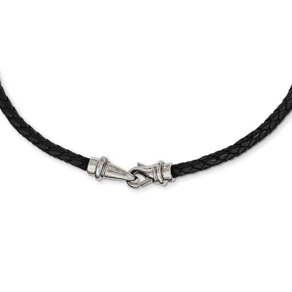 Stainless Steel Polished Woven Black Leather Necklace - Birthstone Company