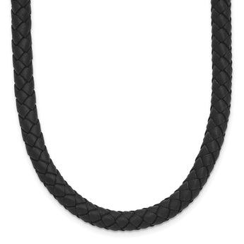 Stainless Steel Polished Woven Black Leather Necklace - Birthstone Company