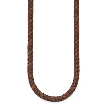Stainless Steel Polished Woven Brown Leather Necklace - Birthstone Company