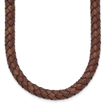 Stainless Steel Polished Woven Brown Leather Necklace - Birthstone Company