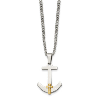 Chisel Stainless Steel Polished with 14k Gold and .02 Carat Diamond Anchor Mariner Cross Pendant on a 24 inch Curb Chain Necklace - Birthstone Company