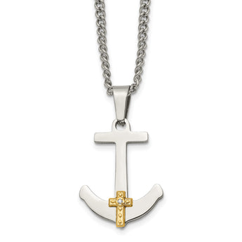 Chisel Stainless Steel Polished with 14k Gold and .02 Carat Diamond Anchor Mariner Cross Pendant on a 24 inch Curb Chain Necklace - Birthstone Company