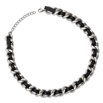 Stainless Steel Polished Blk Leather w/2in. Ext. Curb Choker Necklace - Birthstone Company