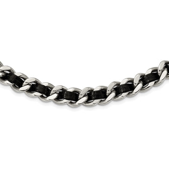 Stainless Steel Polished Blk Leather w/2in. Ext. Curb Choker Necklace - Birthstone Company