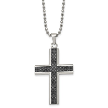 Chisel Stainless Steel Polished with Black Rhodium 1/2 carat Black Diamond Cross Pendant on a 24 inch Ball Chain Necklace - Birthstone Company