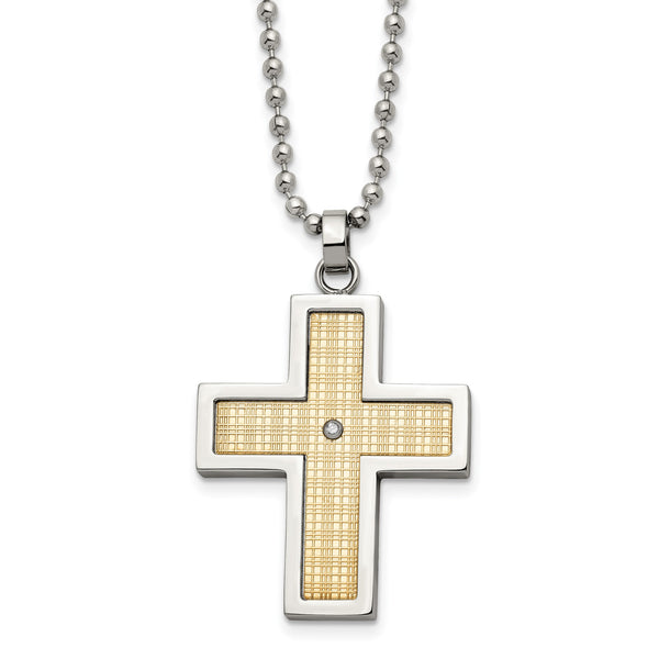 Chisel Stainless Steel Polished with 18k Gold Accent .02 carat Diamond Cross Pendant on a 24 inch Ball Chain Necklace - Birthstone Company
