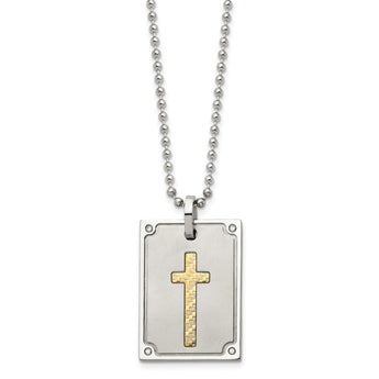Stainless Steel w/18k Brushed and Polished 1/20ct Dia Cross Necklace - Birthstone Company