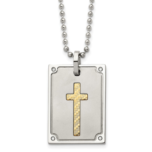 Stainless Steel w/18k Brushed and Polished 1/20ct Dia Cross Necklace - Birthstone Company