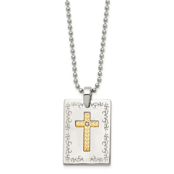 Stainless Steel w/18k Polished Laser Etched w/.01ct Dia Cross Necklace - Birthstone Company