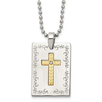 Stainless Steel w/18k Polished Laser Etched w/.01ct Dia Cross Necklace - Birthstone Company