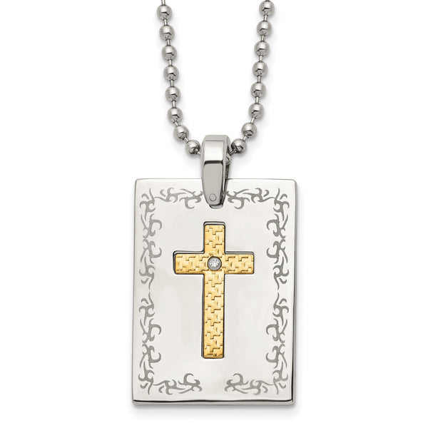 Stainless Steel w/18k Polished Laser Etched w/.01ct Dia Cross Necklace - Birthstone Company