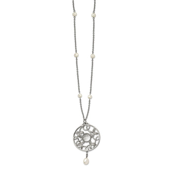 Stainless Steel Polished FWC Pearl & CZ & Glass 30in w/2in ext Necklace - Birthstone Company