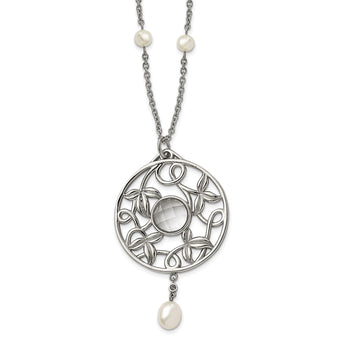 Stainless Steel Polished FWC Pearl & CZ & Glass 30in w/2in ext Necklace - Birthstone Company