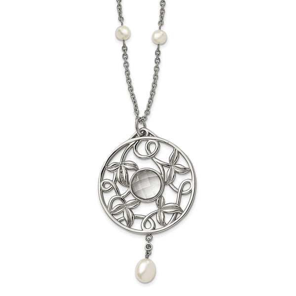 Stainless Steel Polished FWC Pearl & CZ & Glass 30in w/2in ext Necklace - Birthstone Company