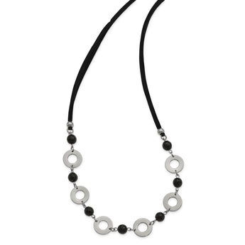 Stainless Steel Polished Leather with Black Agate 1.5in ext. Necklace - Birthstone Company