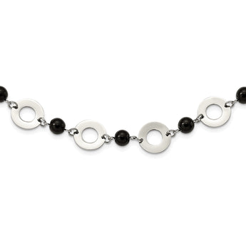 Stainless Steel Polished Leather with Black Agate 1.5in ext. Necklace - Birthstone Company