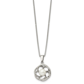 Chisel Stainless Steel Polished with Freshwater Cultured Pearl Flower Pendant on an 18 inch Box Chain Necklace - Birthstone Company