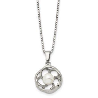 Chisel Stainless Steel Polished with Freshwater Cultured Pearl Flower Pendant on an 18 inch Box Chain Necklace - Birthstone Company