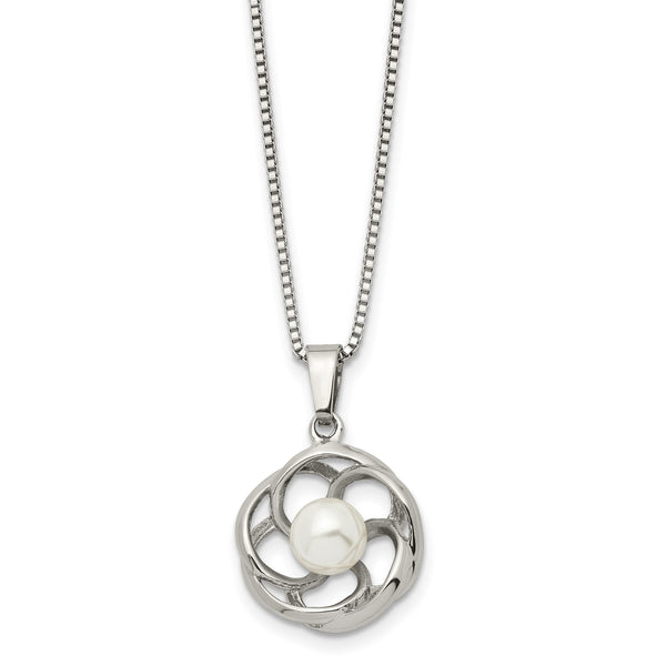 Chisel Stainless Steel Polished with Freshwater Cultured Pearl Flower Pendant on an 18 inch Box Chain Necklace - Birthstone Company