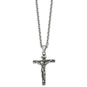 Stainless Steel Antiqued and Polished INRI Crucifix 24in Necklace - Birthstone Company