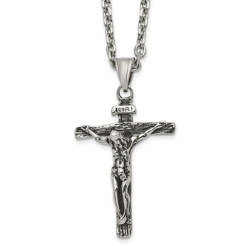 Stainless Steel Antiqued and Polished INRI Crucifix 24in Necklace - Birthstone Company