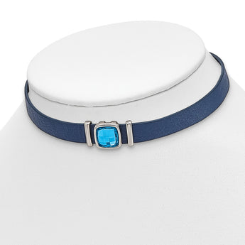 Stainless Steel Polished Blue Leather with Crystal w/1.75in ext. 13in Choke - Birthstone Company