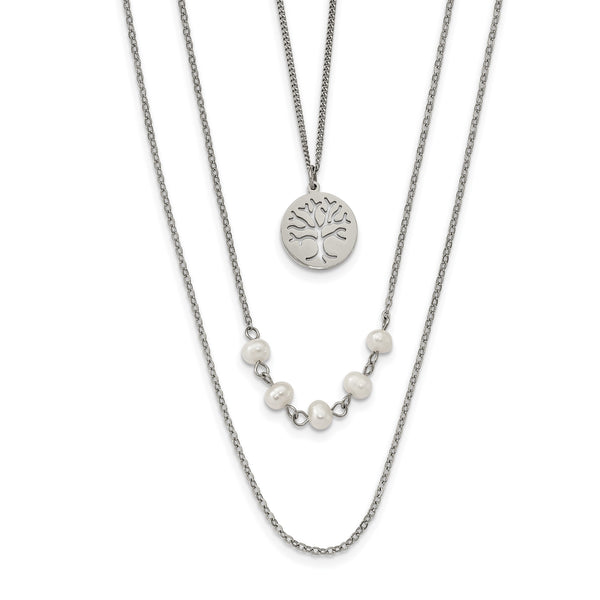 Chisel Stainless Steel Polished with Freshwater Cultured Pearls and Tree Pendant on 31 inch with 2 inch Extension Multi Chain Necklace - Birthstone Company
