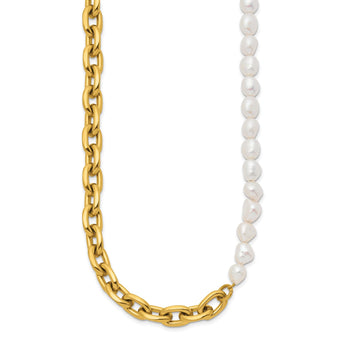 Chisel Half Baroque Pearl Necklace in Stainless Steel with Extender, 20 Inch