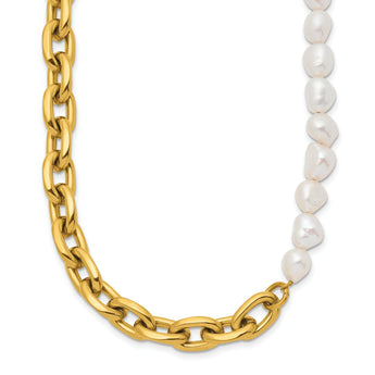 Chisel Half Baroque Pearl Necklace in Stainless Steel with Extender, 20 Inch