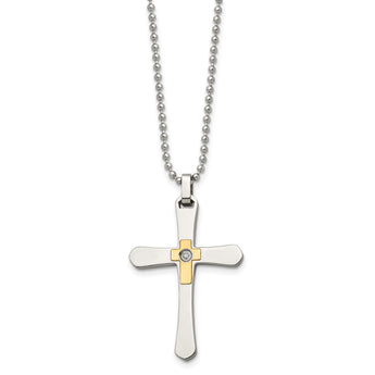 Chisel Stainless Steel Polished with 14k Gold Accent 1/2pt Diamond Cross Pendant on a 22 inch Ball Chain Necklace - Birthstone Company