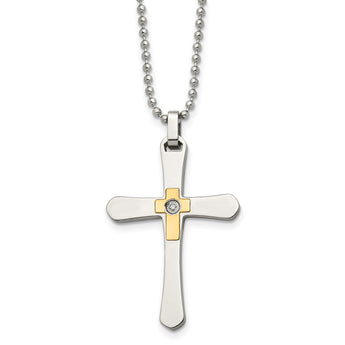 Chisel Stainless Steel Polished with 14k Gold Accent 1/2pt Diamond Cross Pendant on a 22 inch Ball Chain Necklace - Birthstone Company