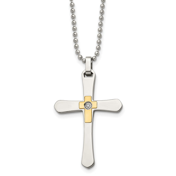 Chisel Stainless Steel Polished with 14k Gold Accent 1/2pt Diamond Cross Pendant on a 22 inch Ball Chain Necklace - Birthstone Company