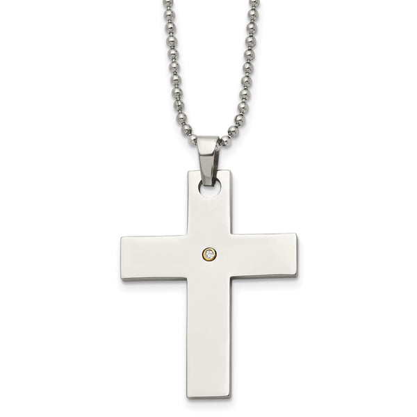 Chisel Stainless Steel Polished with 14k Gold Accent .02 carat Diamond Cross Pendant on a 22 inch Ball Chain Necklace - Birthstone Company