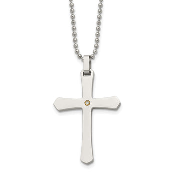 Chisel Stainless Steel Polished with 14k Gold Accent .02 carat Diamond Cross Pendant on a 22 inch Ball Chain Necklace - Birthstone Company