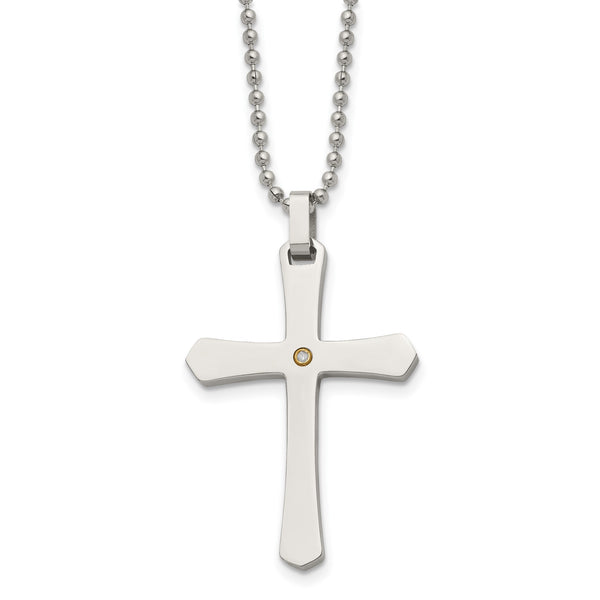 Chisel Stainless Steel Polished with 14k Gold Accent .02 carat Diamond Cross Pendant on a 22 inch Ball Chain Necklace - Birthstone Company