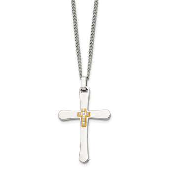 Chisel Stainless Steel Polished with 14k Gold Accent 1/15 carat Diamond Cross Pendant on a 22 inch Curb Chain Necklace - Birthstone Company