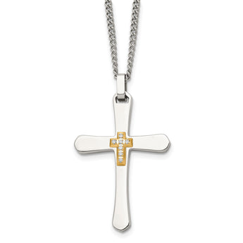 Chisel Stainless Steel Polished with 14k Gold Accent 1/15 carat Diamond Cross Pendant on a 22 inch Curb Chain Necklace - Birthstone Company
