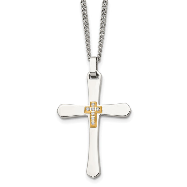 Chisel Stainless Steel Polished with 14k Gold Accent 1/15 carat Diamond Cross Pendant on a 22 inch Curb Chain Necklace - Birthstone Company