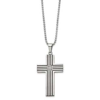 Chisel Stainless Steel Polished Black IP-plated 1/20 carat Black Diamond Striped Cross Pendant on a 22 inch Ball Chain Necklace - Birthstone Company