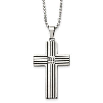 Chisel Stainless Steel Polished Black IP-plated 1/20 carat Black Diamond Striped Cross Pendant on a 22 inch Ball Chain Necklace - Birthstone Company