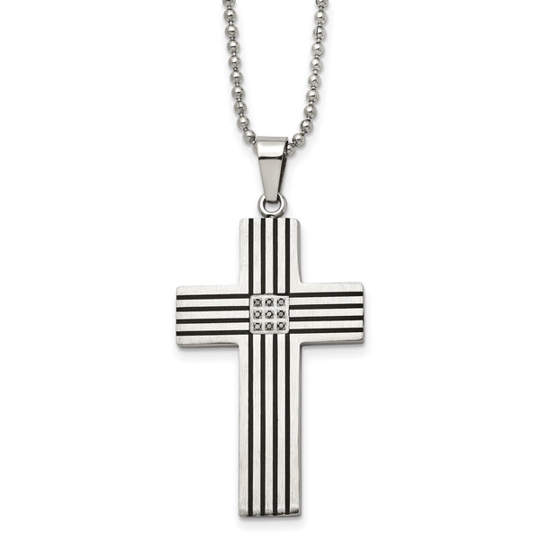 Chisel Stainless Steel Polished Black IP-plated 1/20 carat Black Diamond Striped Cross Pendant on a 22 inch Ball Chain Necklace - Birthstone Company