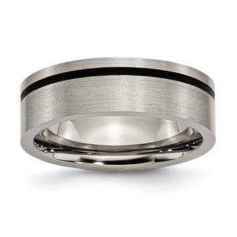 Titanium Brushed 7mm Flat Band with Black Rubber Unisex Wedding Ring - 12.5