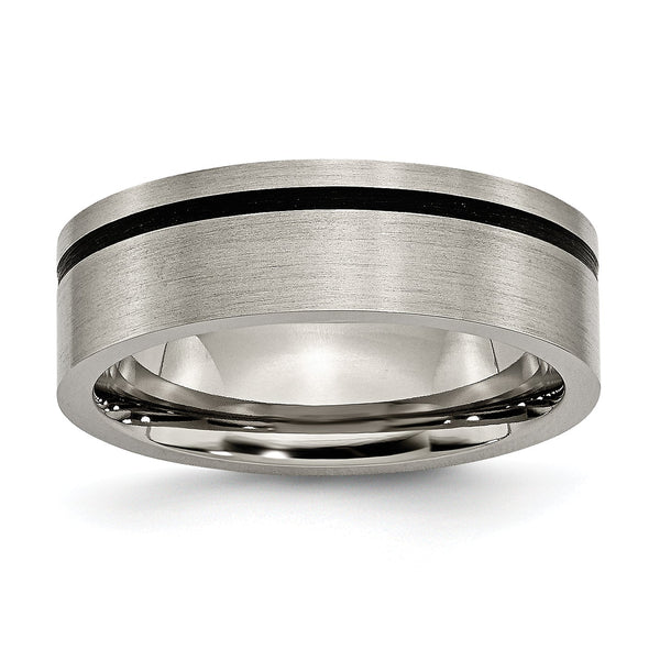 Titanium Brushed 7mm Flat Band with Black Rubber Unisex Wedding Ring - 12.5