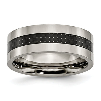 Titanium Wedding Band with Black Carbon Fiber Inlay, Polished Finish, Unisex - 8